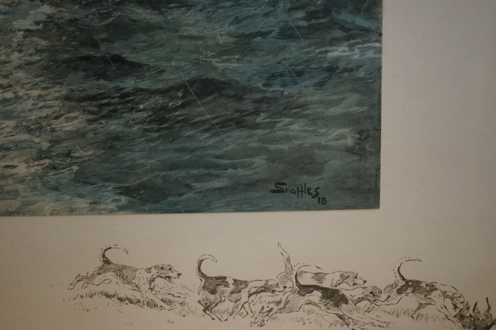 Snaffles’, Charles Johnson Payne (1884-1967), original print, ‘Who – Whoop!’, WWI Destroyer depth charging ‘U’ boat to surface remarque with hounds & fox at bay, signed in pencil, 46 x 54cm